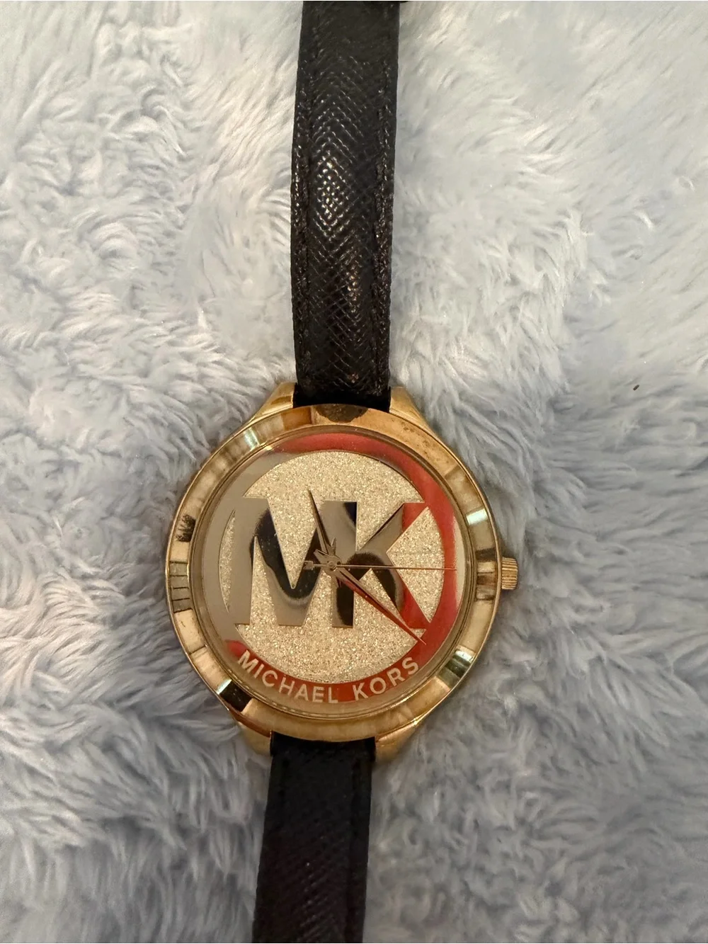 Michael Kors Gold Tone Watch with Black Strap and Glitter Dial
